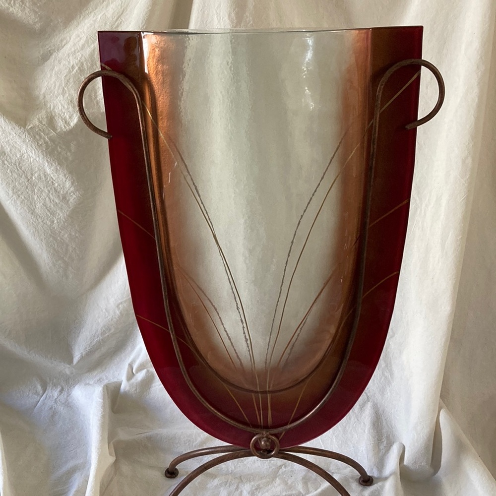 Mark Hines Sculpture Vase Slumped Glass Red Gold. Signed